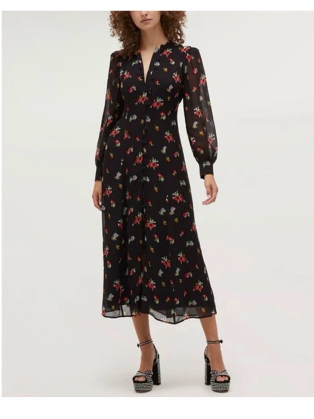 Hill House Cindra Black Floral Midi Dress with Red & Yellow Accents